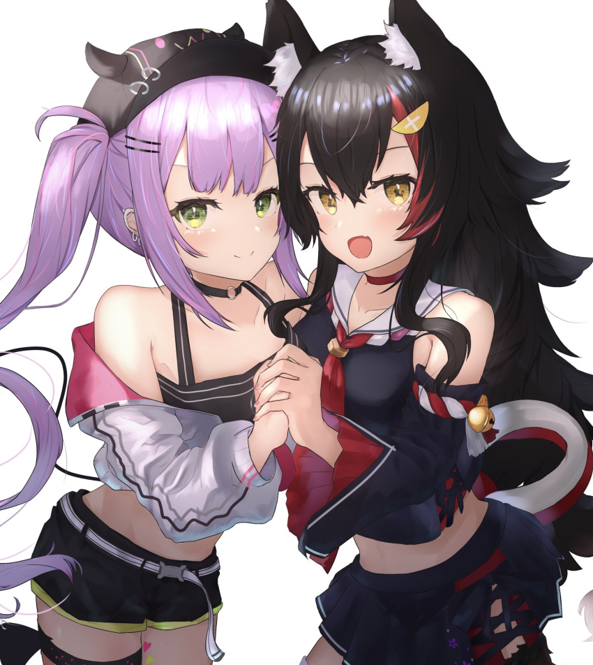 2girls animal_ear_fluff animal_ears bare_shoulders bibi_(tokoyami_towa) blush cowboy_shot demon_girl green_eyes highres holding_hands hololive long_hair looking_at_viewer midriff multiple_girls oerba_yun_fang ookami_mio ookami_mio_(1st_costume) purple_hair sheiou simple_background skin_fang smile tokoyami_towa tokoyami_towa_(1st_costume) virtual_youtuber white_background wolf_ears wolf_girl