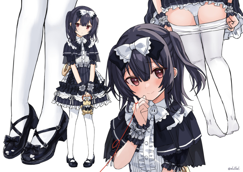 alternate_costume ass black_capelet black_dress black_footwear black_hair blush bow capelet clothes_pull dress eluthel female finger_ribbon flat_chest frilled_cuffs frilled_dress frills full_body gothic_lolita hair_between_eyes hairbow highres holding idolmaster idolmaster_shiny_colors lace-trimmed_panties lace_trim lolita_fashion long_hair looking_at_viewer mary_janes morino_rinze multiple_views panties pantyhose pantyhose_pull pinky_out pulling_own_clothes red_eyes red_ribbon ribbon shoes short_sleeves simple_background smile standing string string_of_fate twintails twitter_username underwear white_background white_panties white_pantyhose wrist_cuffs