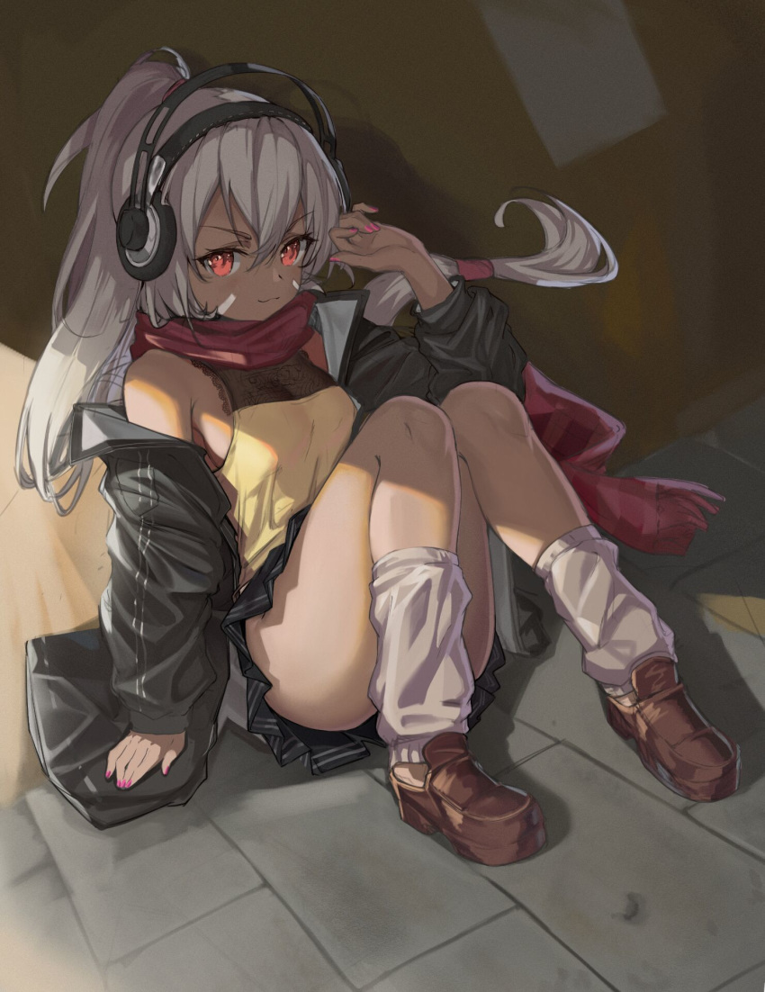 against_wall arm_up azur_lane black_jacket black_skirt breasts dark-skinned_female dark_skin female hair_between_eyes headphones highres jacket l.j. long_hair long_sleeves looking_at_viewer miniskirt minneapolis_(azur_lane) minneapolis_(wild_huntress_schoolgirl)_(azur_lane) official_alternate_costume on_floor plaid plaid_scarf pleated_skirt ponytail red_eyes red_scarf scarf school_uniform shadow sidelocks sitting skirt solo tan thighs white_hair