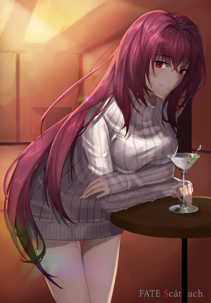 absurdres breasts cocktail_glass cup drinking_glass enue_(makar1995) fate/grand_order fate_(series) female hair_intakes highres indoors large_breasts leaning_forward long_hair martini olive purple_hair red_eyes ribbed_sweater scathach_(fate) skewer smile sweater table turtleneck turtleneck_sweater very_long_hair