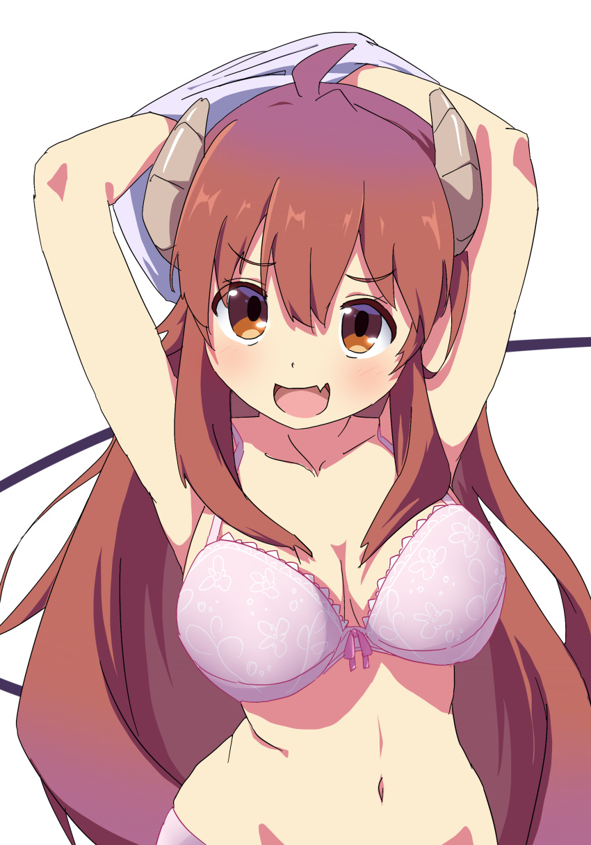 absurdres ahoge armpits arms_up blush bra breasts brown_eyes brown_hair cleavage collarbone commentary curvy demon_girl demon_horns demon_tail female floral_print frilled_bra frills hair_between_eyes hair_over_breasts highres horns large_breasts long_hair looking_at_viewer machikado_mazoku midriff navel oekakiism oerba_yun_fang open_mouth panties pink_bra sidelocks simple_background smile smug solo stomach tail underwear undressing upper_body upturned_eyes v-shaped_eyebrows very_long_hair white_background yoshida_yuuko_(machikado_mazoku)