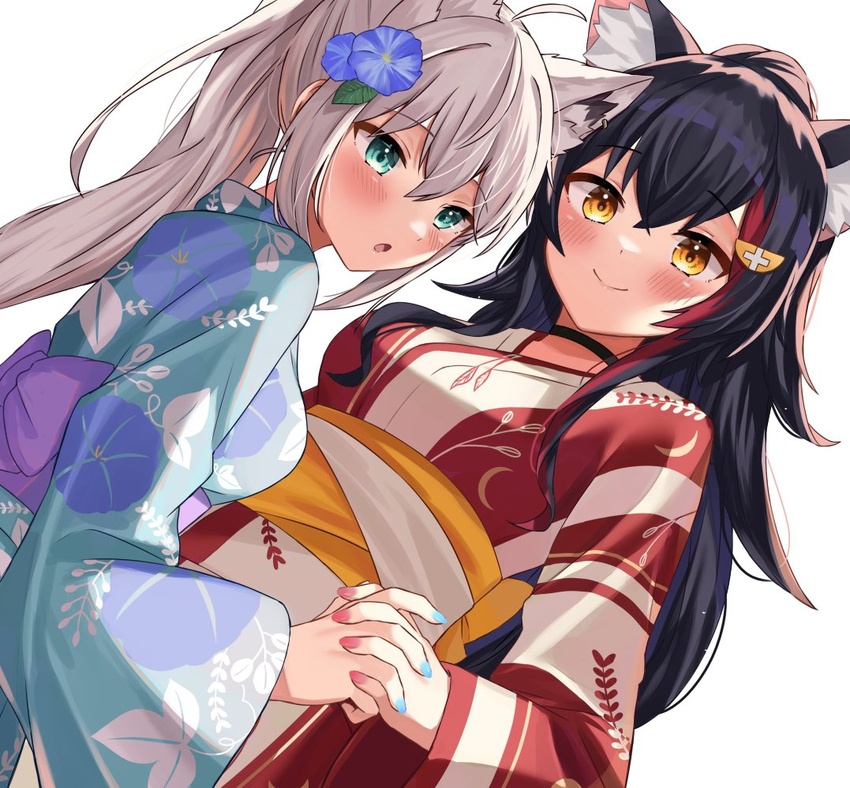 2girls :o animal_ear_fluff animal_ears aqua_kimono bad_id bad_twitter_id black_hair blue_flower blue_kimono blue_nails blush breasts cardigan choker commentary commission dutch_angle floral_print flower fox_ears green_eyes hair_between_eyes hair_flower hair_ornament height_difference high_ponytail holding_hands hololive interlocked_fingers japanese_clothes kimono large_breasts long_hair looking_ahead looking_at_viewer loose_hair_strand moonbell multicolored_hair multiple_girls nail_polish obi ookami_mio open_mouth pink_nails purple_sash red_hair red_kimono sash shirakami_fubuki sidelocks simple_background skeb_commission smile streaked_hair two-tone_hair two-tone_kimono virtual_youtuber white_background white_hair white_kimono white_sash wolf_ears yellow_cardigan yellow_eyes yellow_sash yukata