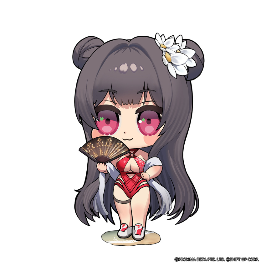 :3 blush_stickers breasts casual_one-piece_swimsuit chibi cleavage closed_mouth commentary copyright_notice dot_nose double_bun female flower full_body goddess_of_victory:_nikke grey_hair hair_bun hair_flower hair_ornament hand_fan highleg highleg_swimsuit highres holding holding_fan large_breasts long_hair looking_at_viewer multi-strapped_swimsuit o-ring o-ring_swimsuit official_art one-piece_swimsuit pink_eyes red_one-piece_swimsuit shawl smile solo star_(symbol) star_in_eye swimsuit symbol_in_eye thigh_strap thighs totatokeke very_long_hair white_flower white_footwear yan_(nikke) yan_(sunrise_market)_(nikke)