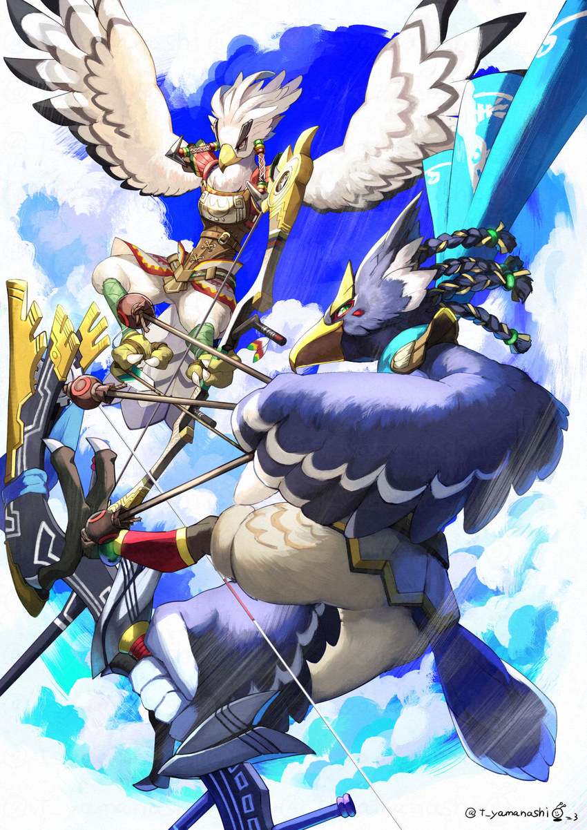 anthro avian bird bow_(weapon) breath_of_the_wild clothing duo feathers great_eagle_bow hi_res male nintendo ranged_weapon revali rito t_yamanashi teba_(tloz) the_legend_of_zelda weapon