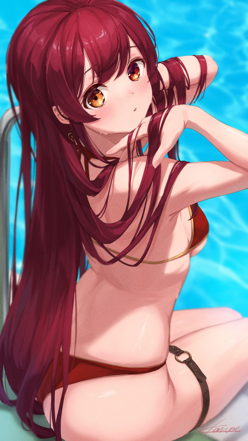 absurdres arms_up ass back bare_arms bare_shoulders bikini blush breasts female from_behind hands_in_hair heterochromia highres hololive houshou_marine houshou_marine_(summer) kanoe_(tatsukanoe) long_hair looking_at_viewer looking_back medium_breasts o-ring o-ring_thigh_strap official_alternate_costume official_alternate_hair_length official_alternate_hairstyle orange_eyes pool red_bikini red_eyes red_hair sideboob signature sitting solo swimsuit thigh_strap very_long_hair virtual_youtuber water