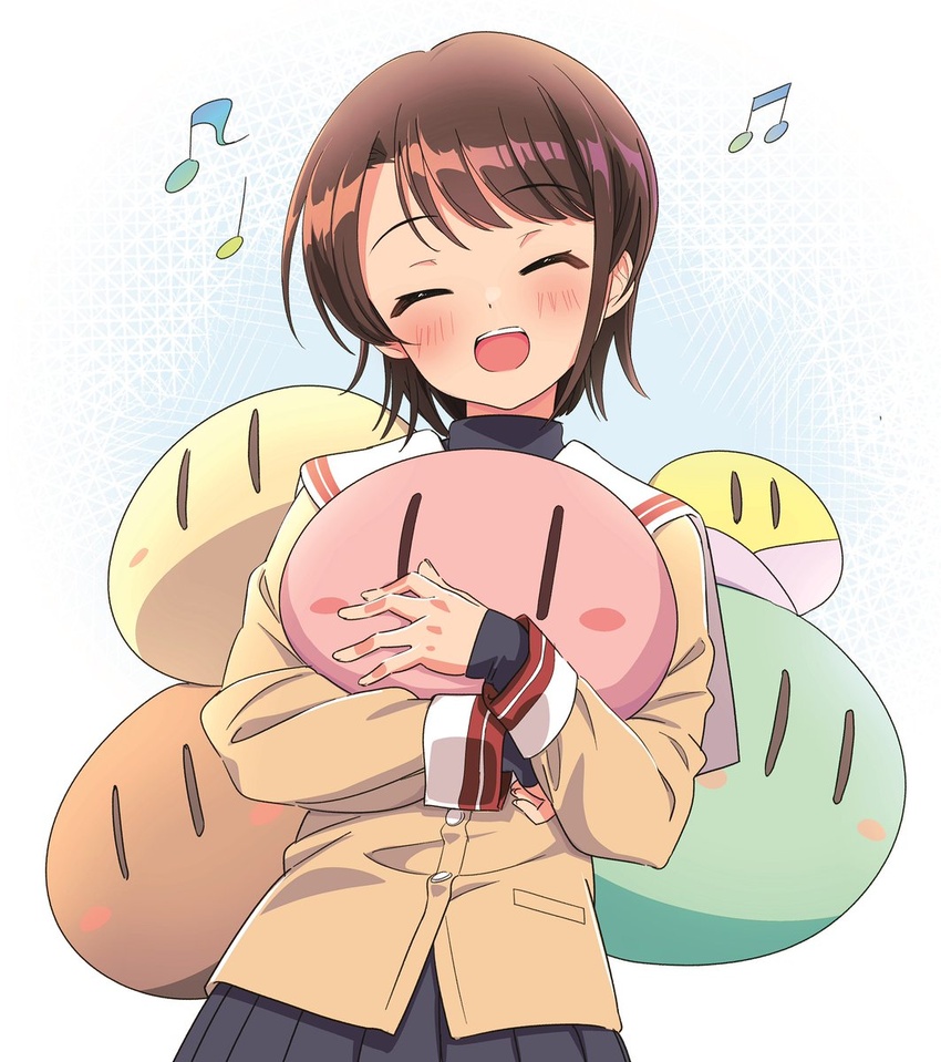 black_skirt blush brown_hair clannad closed_eyes commentary_request crossover dango_daikazoku female hikarizaka_private_high_school_uniform holding hololive hotaru_iori ichimi_renge long_sleeves musical_note oozora_subaru open_mouth sailor_collar school_uniform serafuku short_hair simple_background skirt swept_bangs upper_body virtual_youtuber white_sailor_collar