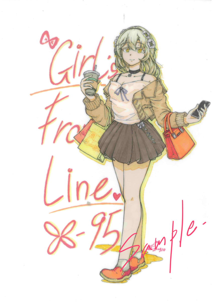 absurdres bag blonde_hair breasts cellphone commentary cup disposable_coffee_cup disposable_cup female flower girls'_frontline hair_flower hair_ornament hairband handbag hexagram highres holding korean_commentary long_hair phone pink_cat_56 solo star_of_david x95_(girls'_frontline) yellow_eyes