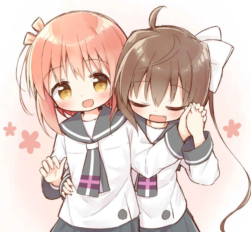 2girls :d ayanepuna blush bow brown_eyes brown_hair closed_eyes commentary_request gradient_background grey_necktie grey_sailor_collar grey_skirt hair_between_eyes hairbow hand_on_another's_waist highres holding_hands ichinose_hana long_hair long_sleeves momochi_tamate multiple_girls necktie oerba_yun_fang open_mouth pink_background pleated_skirt sailor_collar school_uniform serafuku shirt skirt sleeves_past_wrists slow_start smile twintails very_long_hair white_bow white_shirt