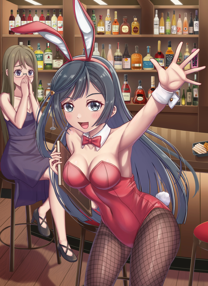 2girls animal_ears bar_(place) black_hair book bottle bow bowtie breasts brown_hair brown_pantyhose commentary covered_navel covering_own_mouth detached_collar dress fake_animal_ears fishnet_pantyhose fishnets glasses grey_dress grey_eyes highres indoors leaning_forward leotard long_hair love_live! love_live!_nijigasaki_high_school_idol_club medium_breasts multiple_girls nijigasaki_student_council_vice_president one_side_up pantyhose playboy_bunny purple_eyes rabbit_ears rabbit_tail red_bow red_bowtie red_leotard shelf stool strapless strapless_leotard tail tsukimi_seiya wrist_cuffs yuki_setsuna_(love_live!)