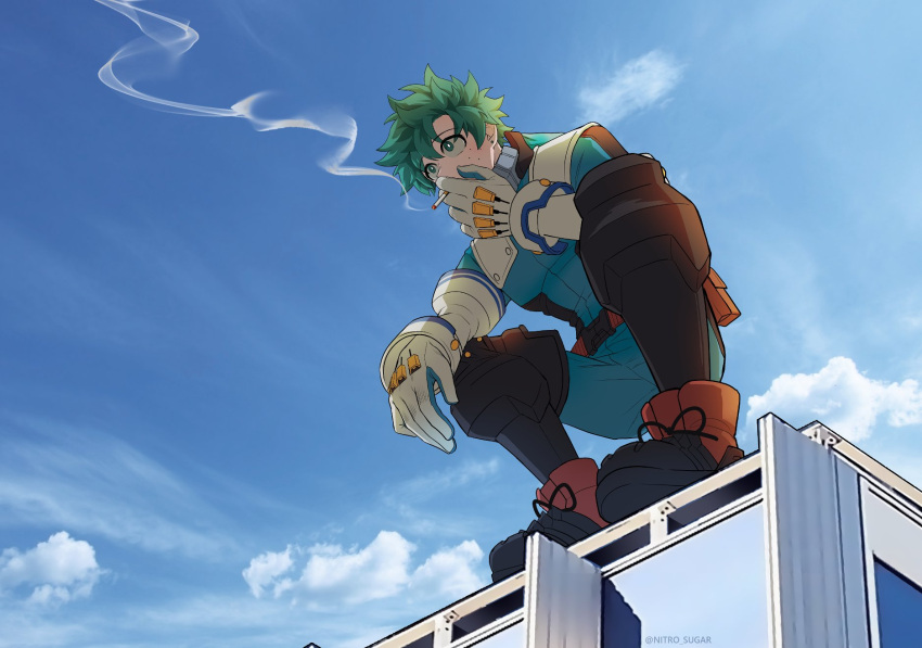 1boy blonde_hair blush bodysuit boku_no_hero_academia freckles gloves green_bodysuit green_eyes green_hair highres looking_at_viewer male_focus midoriya_izuku red_footwear seoltang_(nitro_sugar) shirt short_hair sky smoke smoking tobacco twitter_username white_gloves