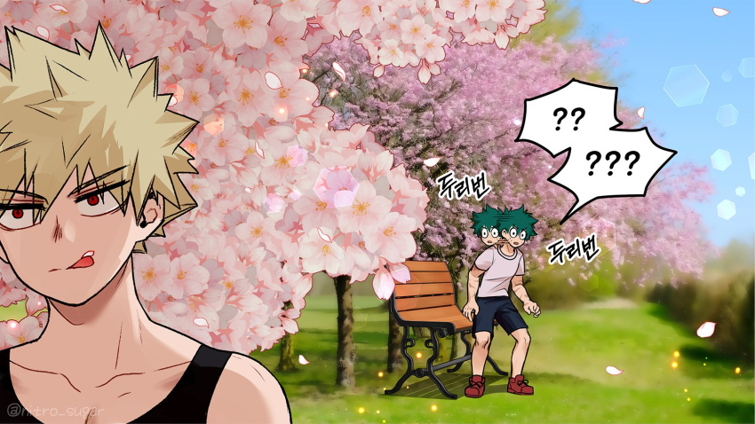 2boys ? ?? bakugou_katsuki bench black_tank_top blonde_hair blush boku_no_hero_academia cherry_blossoms freckles gloves green_hair highres looking_at_viewer male_focus midoriya_izuku multiple_boys open_mouth red_eyes scar seoltang_(nitro_sugar) shirt short_hair shorts simple_background spiked_hair t-shirt tank_top tongue twitter_username yaoi