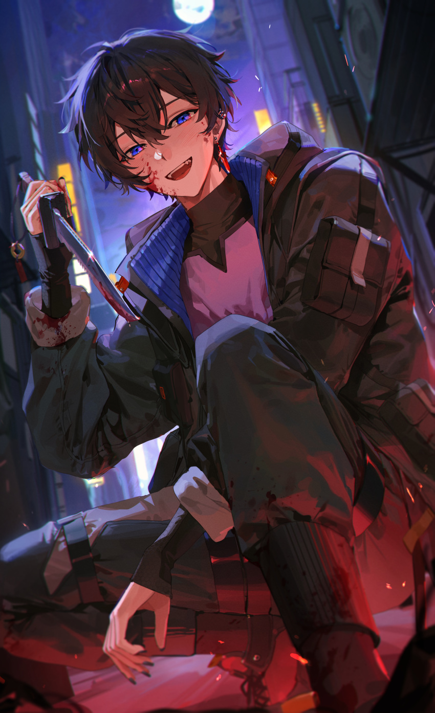 1boy absurdres black_hair black_jacket black_pants blood blood_on_clothes blood_on_face blood_on_knife blue_eyes earrings highres holding holding_knife holding_weapon indie_virtual_youtuber jacket jewelry knife long_sleeves male_focus open_clothes open_jacket pants shoto_(vtuber) smile solo teeth upper_teeth_only virtual_youtuber weapon ye_jji