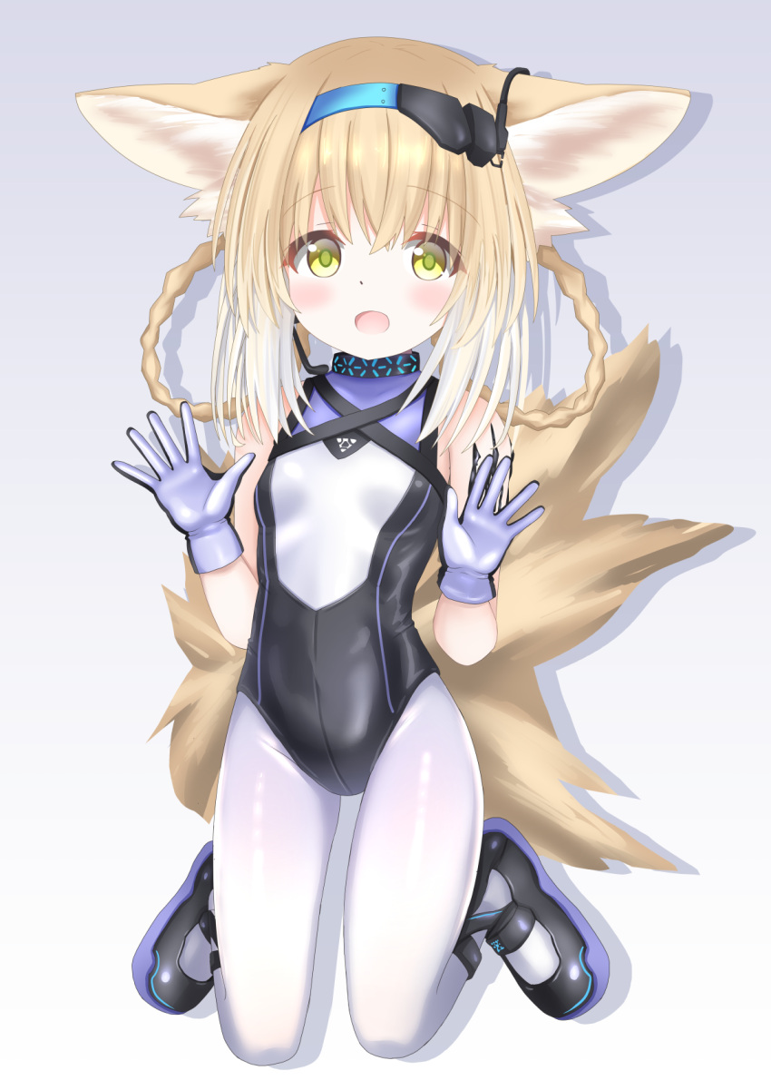 alternate_costume animal_ears arknights black_footwear black_leotard blonde_hair braid breasts female fox_ears fox_girl fox_tail gloves green_eyes grey_background hairband headset highres kneeling langley1000 leotard long_hair looking_at_viewer multiple_tails open_mouth pantyhose shoes simple_background small_breasts smile solo suzuran_(arknights) tail thighs twin_braids twintails white_gloves white_pantyhose