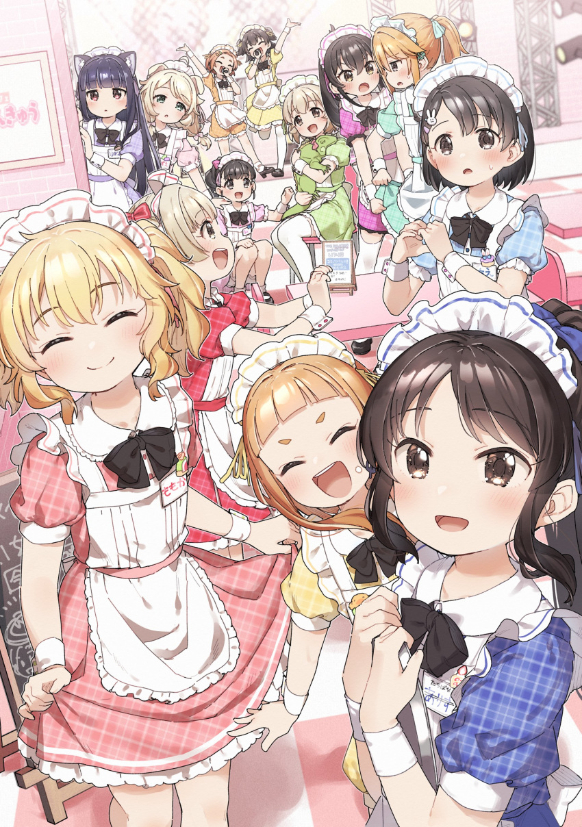 6+girls :d ^_^ ^o^ absurdres akagi_miria alternate_costume animal apron blush checkered_floor closed_eyes commentary dress enmaided fukuyama_mai heart heart_hands highres hyou-kun ichihara_nina idolmaster idolmaster_cinderella_girls idolmaster_cinderella_girls_u149 iguana koga_koharu l.m.b.g_(idolmaster) looking_at_viewer maid maid_headdress matoba_risa multiple_girls name_tag neck_ribbon outstretched_arm plaid plaid_dress puffy_short_sleeves puffy_sleeves ribbon ryuzaki_kaoru sajo_yukimi sakurai_momoka sasaki_chie short_sleeves smile stage tachibana_arisu white_apron wrist_cuffs yokoyama_chika yukie_(kusaka_shi) yusa_kozue yuuki_haru