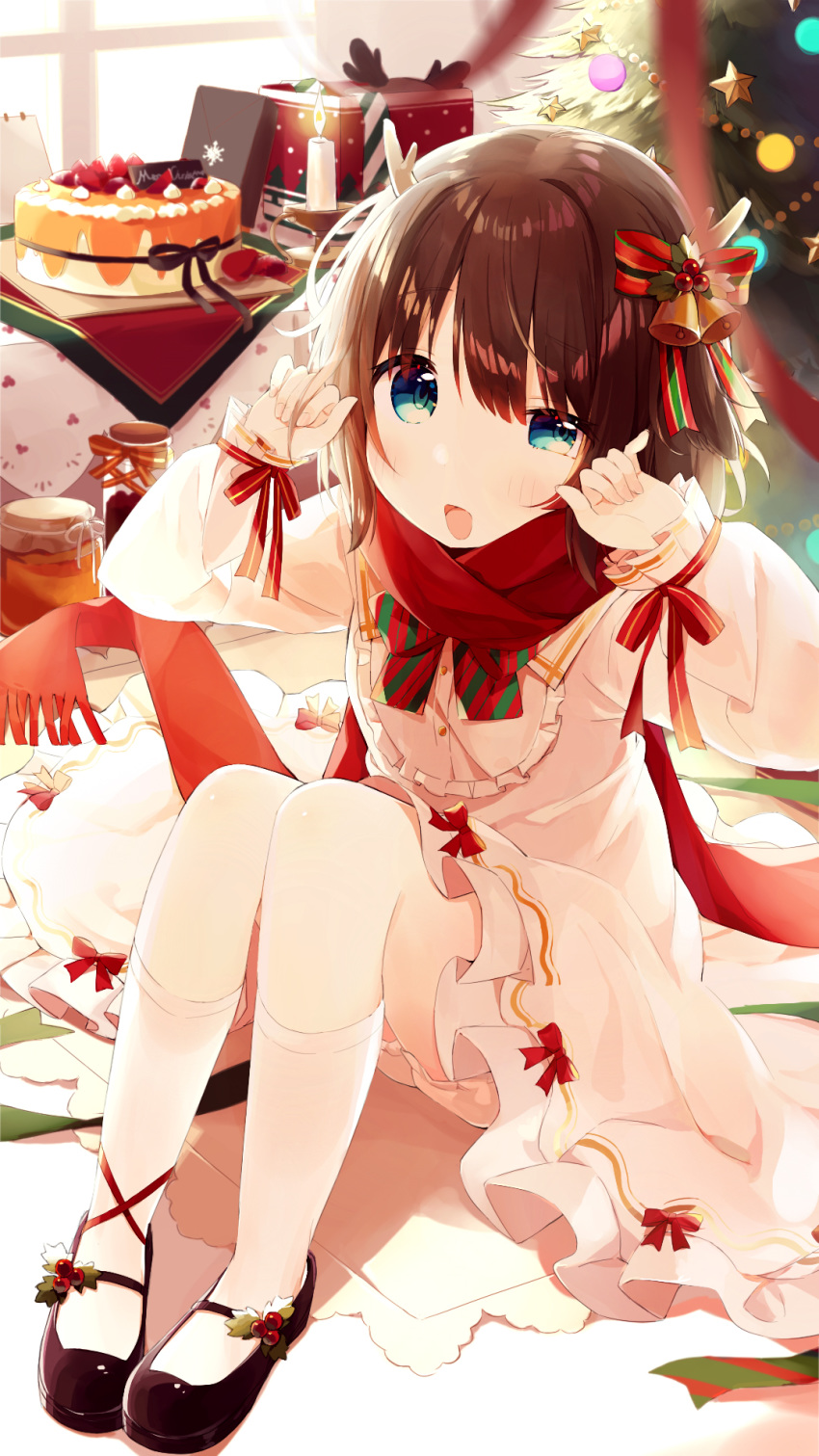 blue_eyes blush brown_hair cake christmas_tree commentary dress female food gift hair_ornament harrybeace highres indie_virtual_youtuber kano_(utaite) looking_at_viewer school_uniform sitting solo virtual_youtuber window