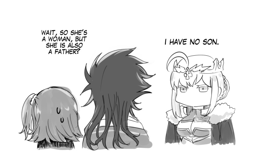 1boy 2girls ahoge artoria_pendragon_(fate) artoria_pendragon_(lancer)_(fate) braid braided_bun cape chibi cleavage_cutout clothing_cutout commentary crown english_commentary english_text fate/grand_order fate_(series) fujimaru_ritsuka_(female) fujimaru_ritsuka_(female)_(polar_chaldea_uniform) fur_trim greyscale hair_bun monochrome multiple_girls no_mouth one_side_up romulus_quirinus_(fate) sagta_panggang sweatdrop