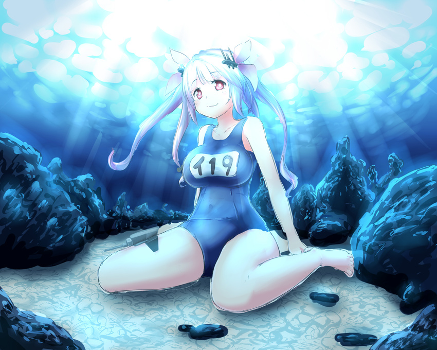 blue_hair commentary_request female highres i-19_(kancolle) kantai_collection ktkn long_hair one-piece_swimsuit red_eyes rock school_swimsuit sitting solo swimsuit twintails underwater wariza