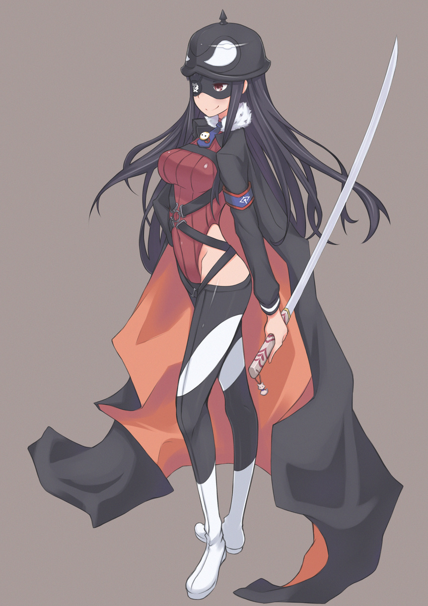 belt black_hair boots cape coat commentary_request eyepatch female full_body fur_trim galaxea grey_background groin helmet highleg highleg_leotard highres katana leotard long_coat long_hair lowleg lowleg_pants mask necktie pants pickelhaube plamja-sama red_eyes red_leotard reverse_grip sekai_seifuku:_bouryaku_no_zvezda shikabane_itsuka simple_background smile solo standing sword weapon