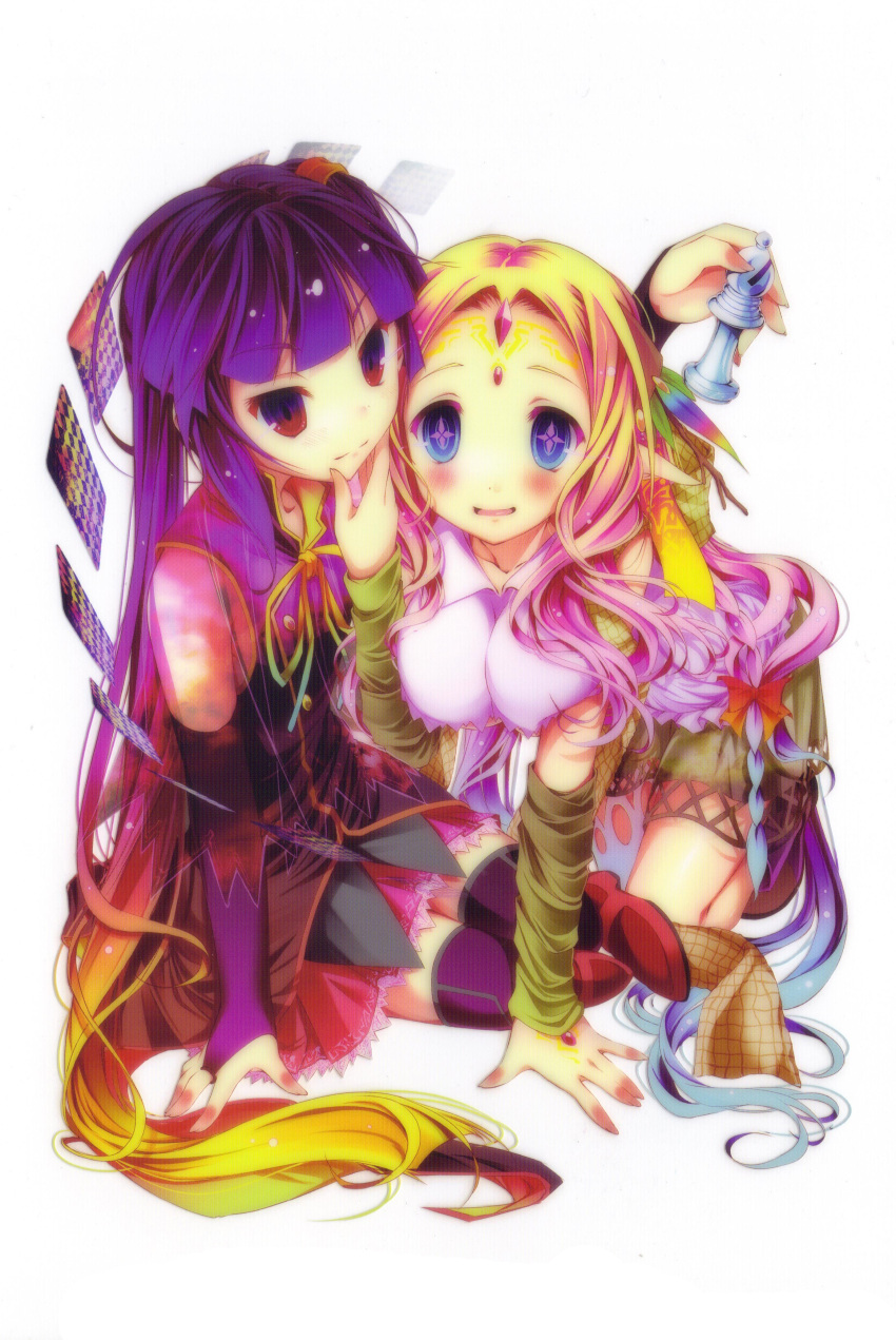 2girls absurdres arm_support bare_shoulders bishop_(chess) blonde_hair blue_eyes blush breasts bridal_gauntlets chess_piece clammy_zell elf feel_nilvalen forehead_jewel gradient_hair hair_ornament hair_rings highres kamiya_yuu large_breasts long_hair multicolored_eyes multicolored_hair multiple_girls no_game_no_life official_art open_mouth pointy_ears purple_eyes purple_hair red_eyes scan side_ponytail smile symbol-shaped_pupils thighhighs underboob very_long_hair zettai_ryouiki