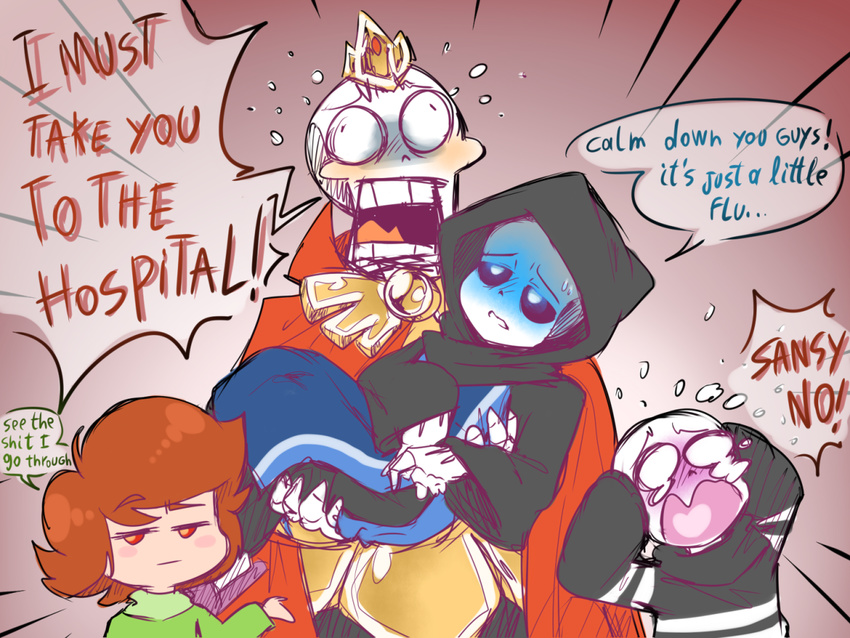 4:3 alternate_universe altertale ambiguous_gender better_version_at_source bodily_fluids bone chara_(undertale) clothed clothing crown crying dialogue frisk_(undertale) gaster group headgear hoodie human humanoid ill male mammal papyrus_(undertale) robe sans_(undertale) skeleton sweater tears thegreatrouge topwear undead undertale undertale_(series)