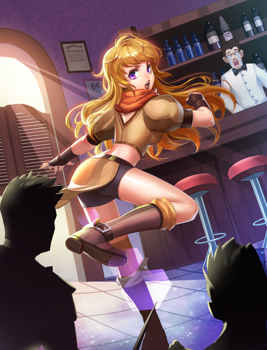 123cuiyang bar_stool belt_boots bike_shorts blonde_hair boots bottle brown_footwear commentary_request crying female highres kicking knee_boots multiple_boys photoshop_(medium) purple_eyes rwby solo_focus standing standing_on_one_leg stool yang_xiao_long