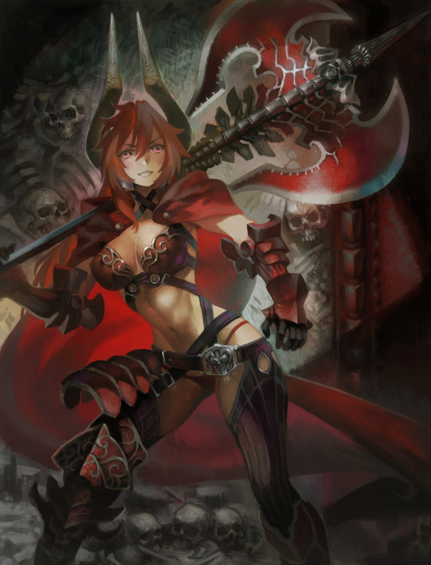 axe belt boots breasts cleavage demon_girl demon_horns female gloves highres horns large_breasts long_hair navel photoshop_(medium) red_hair satan_(the_seven_deadly_sins) skull solo the_seven_deadly_sins thighhighs visqi weapon