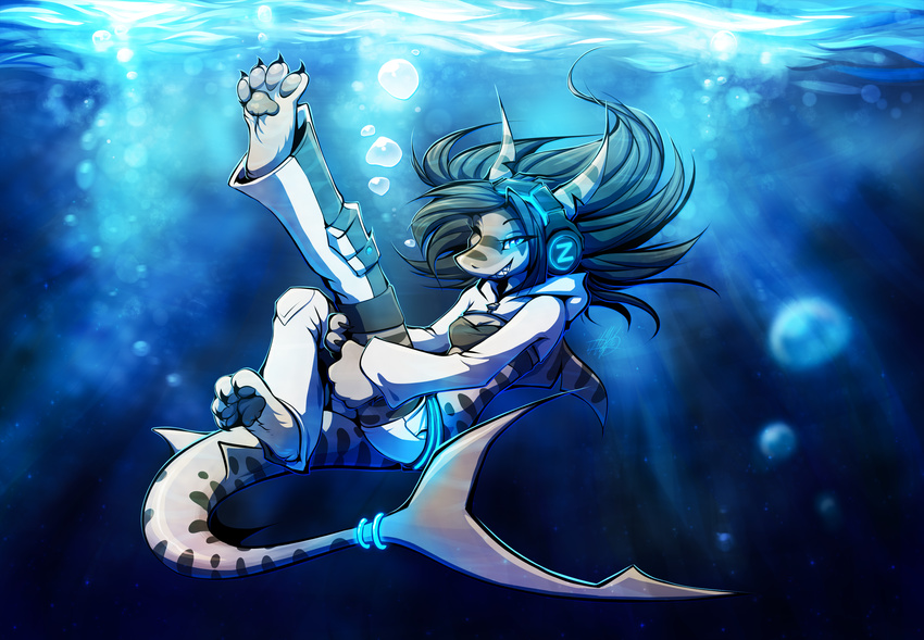 2014 4_toes anthro black_hair blue_eyes breasts clothed clothing feet female fin fish hair hi_res marine neotheta non-mammal_breasts shark smile solo tail theta_(neotheta) toes underwater water