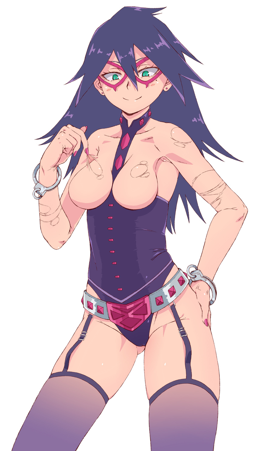 191karasu absurdres aqua_eyes ass_visible_through_thighs bad_id bad_nicoseiga_id belt black_hair black_thighhighs blush bodysuit boku_no_hero_academia breastless_clothes breasts collarbone cuffs dominatrix domino_mask earrings female garter_straps hand_on_own_hip handcuffs highres jewelry long_hair mask medium_breasts midnight_(boku_no_hero_academia) mole mole_under_eye simple_background skin_tight smile solo thighhighs torn_clothes white_background