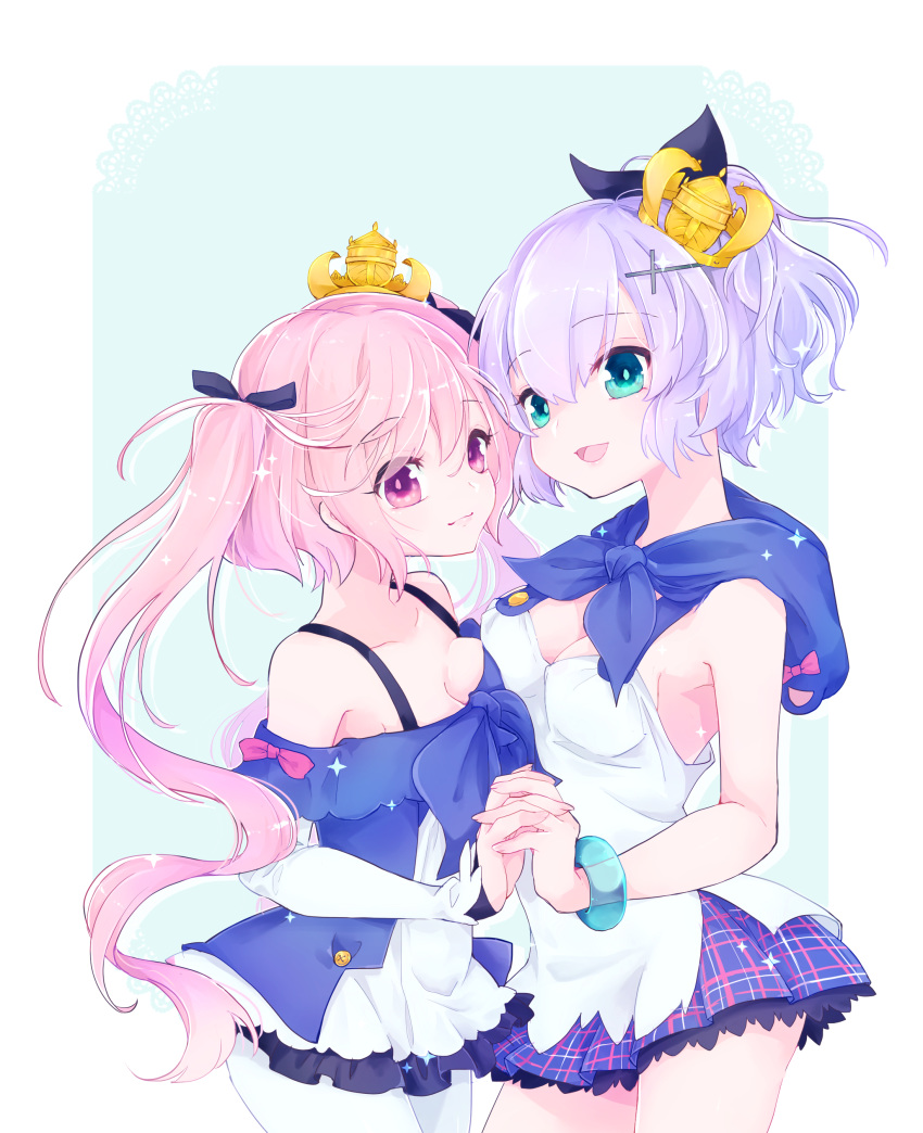 2girls :d absurdres aqua_eyes azur_lane bare_shoulders black_ribbon bow bracelet breast_press breasts buttons cleavage closed_mouth collarbone commentary_request cowboy_shot cross cross_hair_ornament crown dress eyebrows eyelashes facing_another fingernails hair_between_eyes hair_ornament hair_ribbon high_ponytail highres javelin_(azur_lane) jewelry juno_(azur_lane) lace legs_together lips long_fingernails long_hair long_sleeves looking_at_viewer mini_crown miniskirt multicolored_clothes multicolored_dress multicolored_skirt multiple_girls open_mouth pantyhose pink_bow pink_eyes pink_hair pink_lips pink_pupils plaid plaid_skirt ponytail purple_hair ribbon see-through shichijou_natori shirt short_dress skirt sleeves_past_wrists small_breasts smile sparkle standing symmetrical_docking tareme tongue twintails white_pantyhose white_shirt