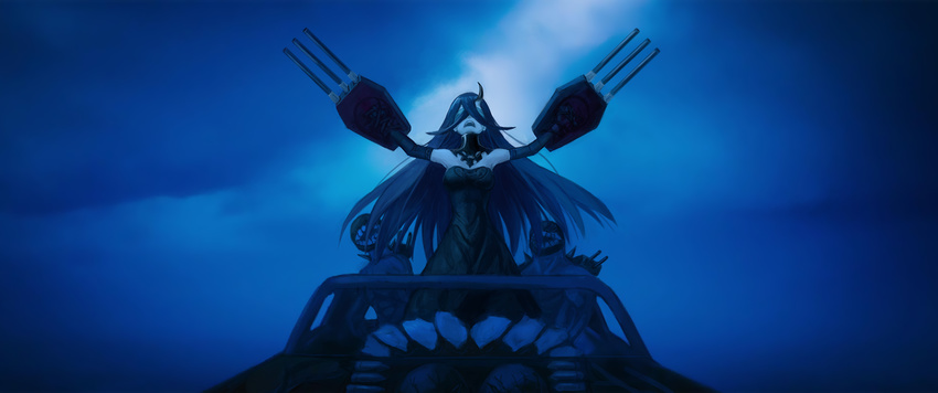 abyssal_ship apoidea battleship_water_oni black_dress black_hair blindfold breasts commentary_request dress female highres horns kantai_collection long_hair mad_max mad_max:_fury_road medium_breasts open_mouth parody photoshop_(medium) single_horn solo the_bullet_farmer turret weapon