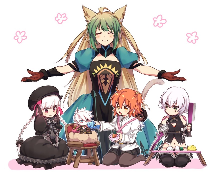 2boys 4girls ^_^ aged_down animal_ears arjuna_(fate) atalanta_(fate) bandaged_arm bandages blonde_hair braid cat_ears cat_tail chaldea_uniform closed_eyes commentary dagger facing_viewer fate/grand_order fate_(series) fujimaru_ritsuka_(female) green_eyes green_hair hair_bobbles hair_ornament hat jack_the_ripper_(fate/apocrypha) karna_(fate) knife lolicon long_hair looking_at_another multicolored_hair multiple_boys multiple_girls navel nm222 nursery_rhyme_(fate) orange_hair outstretched_arms pink_eyes protected_link puffy_short_sleeves puffy_sleeves short_hair short_sleeves simple_background smile spread_arms table tail twin_braids two-tone_hair weapon white_background white_hair