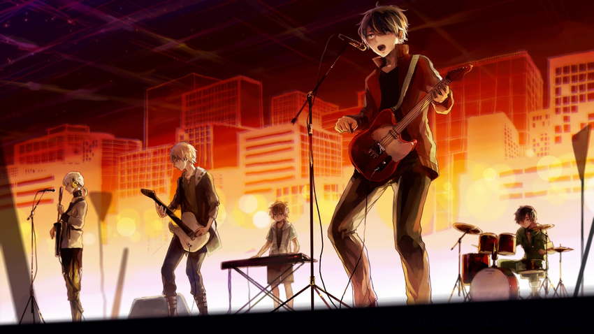 5boys amamiya_hibiya band bass_guitar black_hair brown_hair commentary_request crimsonseed drum drum_set electric_guitar guitar highres instrument kagerou_project kano_shuuya keyboard_(instrument) kisaragi_shintarou konoha_(kagerou_project) microphone multiple_boys seto_kousuke white_hair