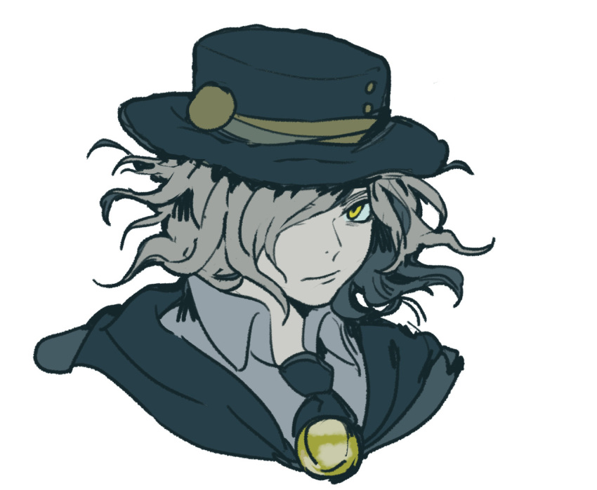 1boy black_coat black_hat black_necktie closed_mouth coat collared_shirt commentary_request edmond_dantes_(fate) fate/grand_order fate_(series) grey_hair grey_shirt hair_over_one_eye hat idk-kun image_sample looking_at_viewer male_focus necktie portrait shirt simple_background solo tumblr_sample white_background wing_collar yellow_eyes