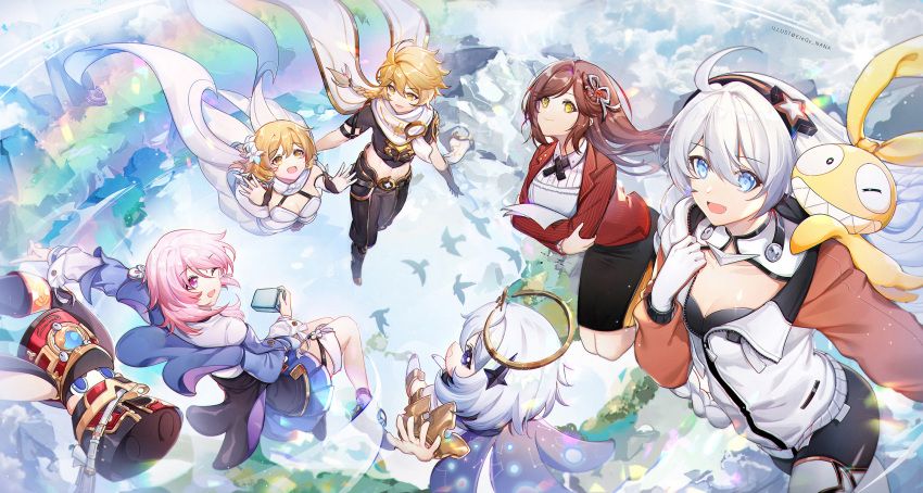 1boy 1other 5girls :d aether_(genshin_impact) bird black_eyes black_scarf black_skirt blonde_hair blue_eyes blue_jacket blue_sky braid braided_ponytail breasts brown_hair brown_pants camera cape cleavage closed_mouth cloud cloudy_sky company_connection cropped_legs crossover floating full_body genshin_impact green_eyes hair_ornament halo highres holding holding_camera homu_(honkai_impact) honkai:_star_rail honkai_(series) honkai_impact_3rd jacket kiana_kaslana kiana_kaslana_(white_comet) long_hair long_sleeves looking_at_viewer lumine_(genshin_impact) march_7th_(honkai:_star_rail) march_7th_(preservation)_(honkai:_star_rail) medium_breasts medium_hair mihoyo multiple_girls nana895 one_eye_closed open_mouth outdoors outstretched_arms paimon_(genshin_impact) pants pink_eyes pink_hair polo_shirt pom-pom_(honkai:_star_rail) rainbow red_jacket romper rosa_(tears_of_themis) scarf shirt short_sleeves skirt sky smile tears_of_themis twin_braids white_cape white_hair white_romper white_scarf white_shirt yellow_eyes