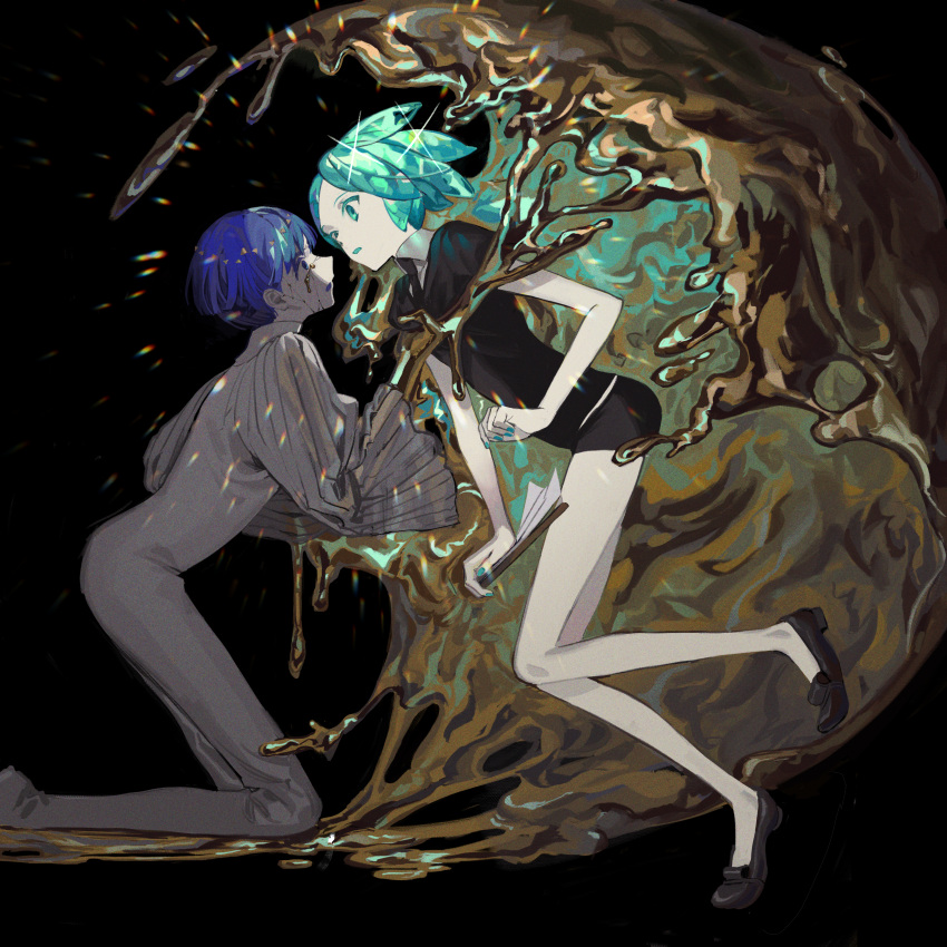 2others absurdres androgynous aqua_eyes aqua_hair black_background blue_eyes blue_hair blunt_bangs clipboard colored_eyelashes commentary_request cracked_skin crying crying_with_eyes_open crystal_hair dual_persona frilled_sleeves frills gem_uniform_(houseki_no_kuni) gold golden_arms green_nails highres holding holding_clipboard houseki_no_kuni molten_metal multiple_others necktie open_mouth other_focus phosphophyllite phosphophyllite_(ll) short_hair short_sleeves shorts sparkle spoilers tears torino_kawazu