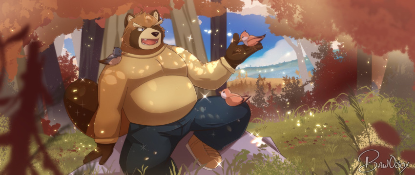 2020 ambient_bird anthro avian baw0sox belly bird bottomwear brown_body brown_fur canid canine carrying_another clothing detailed_ambient_creature detailed_background fur group hi_res holding_character humanoid_hands male mammal on_shoulder outside overweight overweight_anthro overweight_male pants plant raccoon_dog sitting solo_focus sparkles tanuki tree