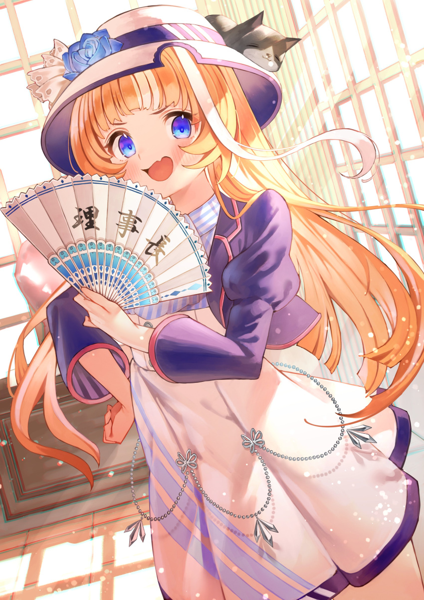 :d absurdres akikawa_yayoi_(umamusume) animal_on_head black_cat blue_eyes blue_flower blue_rose blush brown_hair cat_on_head commentary_request cowboy_shot cropped_jacket day dutch_angle feline female flower folding_fan hand_fan hand_fan_writing hand_on_own_hip hat hat_flower high-waist_skirt highres holding holding_fan indoors jacket long_hair long_sleeves looking_at_viewer multicolored_hair oerba_yun_fang on_head open_clothes open_jacket open_mouth purple_jacket rin31153336 rose shirt skin_fang skirt smile solo standing streaked_hair striped_clothes striped_shirt sun_hat umamusume white_hair white_hat white_skirt