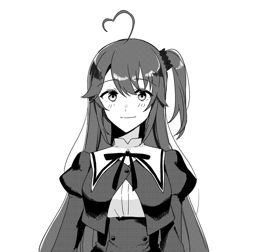 ahoge arms_at_sides assault_lily breasts buttons closed_mouth commentary_request cropped_jacket danji_bang female greyscale hair_between_eyes hair_ornament hair_scrunchie heart heart_ahoge high-waist_skirt highres juliet_sleeves light_blush light_smile long_hair long_sleeves looking_at_viewer medium_breasts monochrome neck_ribbon one_side_up puffy_sleeves ribbon school_uniform scrunchie shirt simple_background skirt solo takasuga_tsukushi upper_body very_long_hair white_background yurigaoka_girls_academy_school_uniform