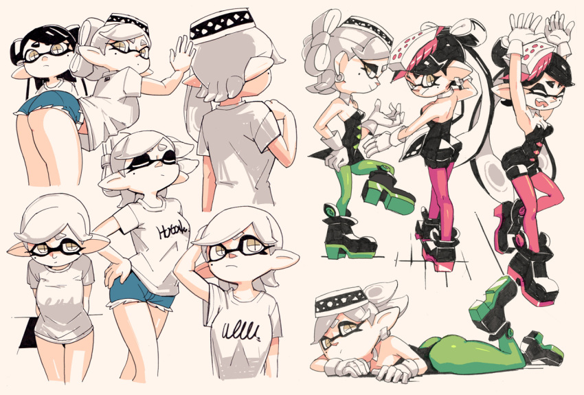 +_+ 2girls bare_arms bare_shoulders black_dress black_footwear black_hair black_jumpsuit blue_shorts bow-shaped_hair callie_(splatoon) closed_eyes cousins detached_collar dress earrings food food_on_head gloves green_legwear green_pantyhose half_updo inkling jewelry jumpsuit marie_(splatoon) mole mole_under_eye multiple_girls multiple_views object_on_head pantyhose pink_legwear pointy_ears print_shirt shirt shoes short_jumpsuit short_shorts short_sleeves shorts splatoon_(series) suction_cups swept_bangs tentacle_hair twintails upshirt white_gloves white_hair white_shirt yellow_eyes yuta_agc