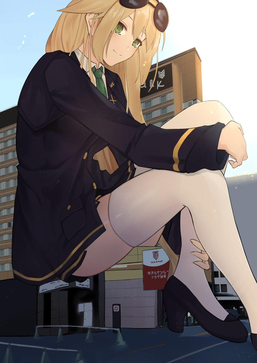 absurdres black_footwear black_jacket black_skirt blazer blonde_hair bow buttons cityscape collared_shirt eyewear_on_head female giant giantess girls'_frontline green_bow green_eyes gun hands_on_own_knees high_heels highres jacket long_hair looking_at_viewer low-tied_long_hair m1918_(girls'_frontline) m1918_bar machine_gun miniskirt name_connection necktie object_namesake pleated_skirt school_uniform shirt shiryuu_akira sidelocks sitting skirt smile sunglasses thighhighs very_long_hair weapon white_legwear white_shirt wing_collar zettai_ryouiki