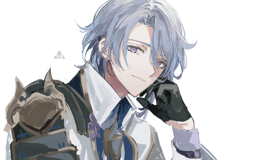 1boy armor bad_id bad_twitter_id bishounen black_gloves blue_hair closed_mouth genshin_impact gloves hair_between_eyes highres japanese_armor japanese_clothes kamisato_ayato looking_at_viewer male_focus mole mole_under_mouth purple_eyes signature simple_background solo ueauwa upper_body white_background