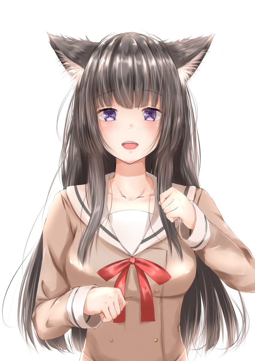 :d absurdres animal_ears bad_id bad_pixiv_id bang_dream! black_hair blush buttons cat_ears clenched_hands commentary_request double-breasted female hanasakigawa_school_uniform highres kemonomimi_mode kisaragi_yaya long_hair long_sleeves looking_at_viewer neck_ribbon open_mouth paw_pose purple_eyes red_ribbon ribbon sailor_collar school_uniform shirokane_rinko simple_background smile solo upper_body white_background