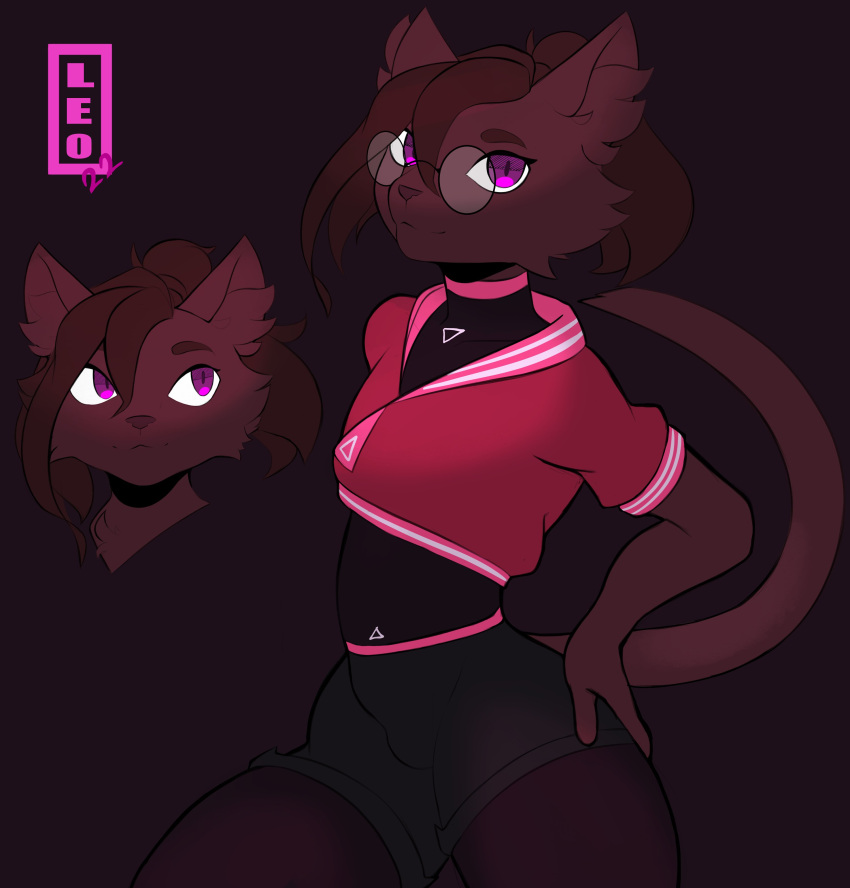 absurd_res anthro athletic_wear black_background black_clothing black_topwear bottomwear bright_eyes brown_body brown_fur brown_hair cheek_tuft clothing collar crop_top cropped_jacket domestic_cat eyewear facial_tuft felid feline felis femboy fur glasses hair hand_on_hip hi_res highlights_(coloring) hotpants ileomaru jacket leggings legwear letterman_jacket long_tail male mammal manbun maru_(ileomaru) ponytail purple_eyes purple_highlights shirt shorts simple_background small_nose solo standing tail thick_thighs topwear tuft