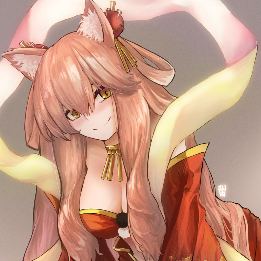 absurdres animal_ear_fluff animal_ears bare_shoulders blush bra breasts cleavage closed_mouth commission detached_sleeves fate/extra fate/extra_ccc fate/extra_ccc_fox_tail fate/grand_order fate_(series) female fox_ears fox_girl grey_background hair_ornament hair_rings highres jewelry large_breasts leaning_forward light_brown_hair long_hair looking_at_viewer neck_ring ootato red_bra red_skirt sash sidelocks simple_background skirt smile solo suzuka_gozen_(fate) suzuka_gozen_(third_ascension)_(fate) underwear yellow_eyes