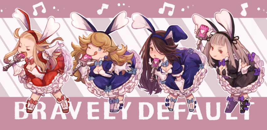 4girls ;p agnes_oblige animal_ears black_dress black_footwear blonde_hair blue_dress bow bowtie bravely_default_(series) bravely_second:_end_layer breasts brown_eyes brown_hair cleavage closed_eyes copyright_name dress edea_lee fake_animal_ears frilled_dress frills full_body gloves hairband highres holding holding_microphone irono16 long_hair looking_at_viewer magnolia_arch microphone multiple_girls music musical_note one_eye_closed open_mouth praline_a_la_mode puffy_short_sleeves puffy_sleeves purple_bow rabbit_ears red_dress red_eyes short_sleeves singing smile tongue tongue_out white_gloves