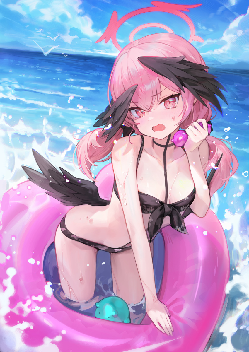 absurdres bikini black_bikini black_bow black_wings blue_archive blush bow breasts cleavage cloud collarbone day feathered_wings female floral_print front-tie_bikini_top front-tie_top hair_between_eyes hairbow halo hansum head_wings highres koharu_(blue_archive) koharu_(swimsuit)_(blue_archive) long_hair looking_at_viewer low_twintails low_wings ocean official_alternate_costume open_mouth outdoors pink_eyes pink_hair pink_halo pink_innertube print_bikini sky small_breasts solo swimsuit twintails wading water wings