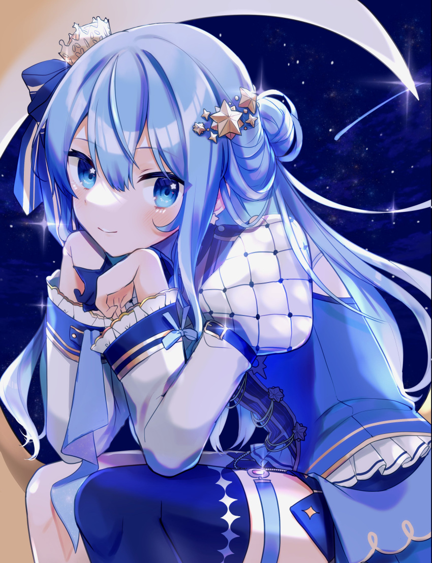 absurdres blue_eyes blue_hair blush comet commentary crescent_moon crown female gloves hair_ornament hair_ribbon highres hololive hoshimachi_suisei hoshimachi_suisei_(stellar_into_the_galaxy) idol juliet_sleeves long_hair long_sleeves looking_at_viewer mini_crown moon o-ring o-ring_thigh_strap official_alternate_costume official_alternate_hair_length official_alternate_hairstyle on_crescent puffy_sleeves ribbon shinomiya_shino_(sinosino141) single_glove single_thighhigh sky smile solo star_(sky) star_(symbol) star_hair_ornament star_in_eye starry_background starry_sky symbol-only_commentary symbol_in_eye thigh_strap thighhighs virtual_youtuber