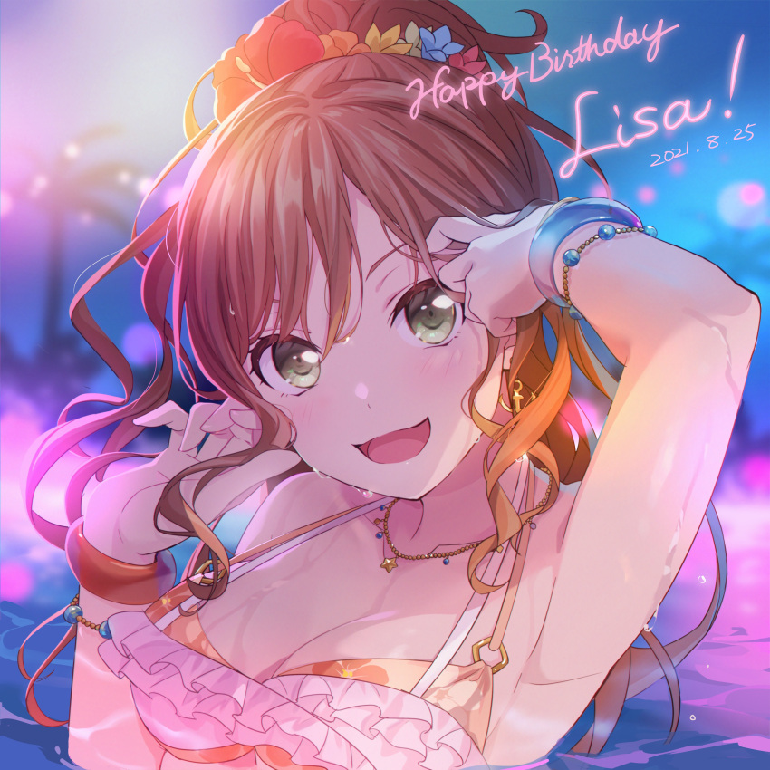 :d absurdres adjusting_hair anchor_earrings armpits bang_dream! bangle bare_shoulders bikini blurry blurry_background blush bracelet breasts cleavage dated earrings english_text eyebrows_hidden_by_hair female flower frilled_bikini frills green_eyes hair_flower hair_ornament halterneck hand_in_own_hair happy_birthday head_tilt high_ponytail highres imai_lisa jewelry layered_bikini long_hair looking_at_viewer medium_breasts multicolored_bikini multicolored_clothes necklace night nobusawa_osamu open_mouth orange_bikini outdoors palm_tree partially_submerged ponytail sidelocks smile solo standing star_(symbol) swimsuit tree upper_body water wet wet_hair