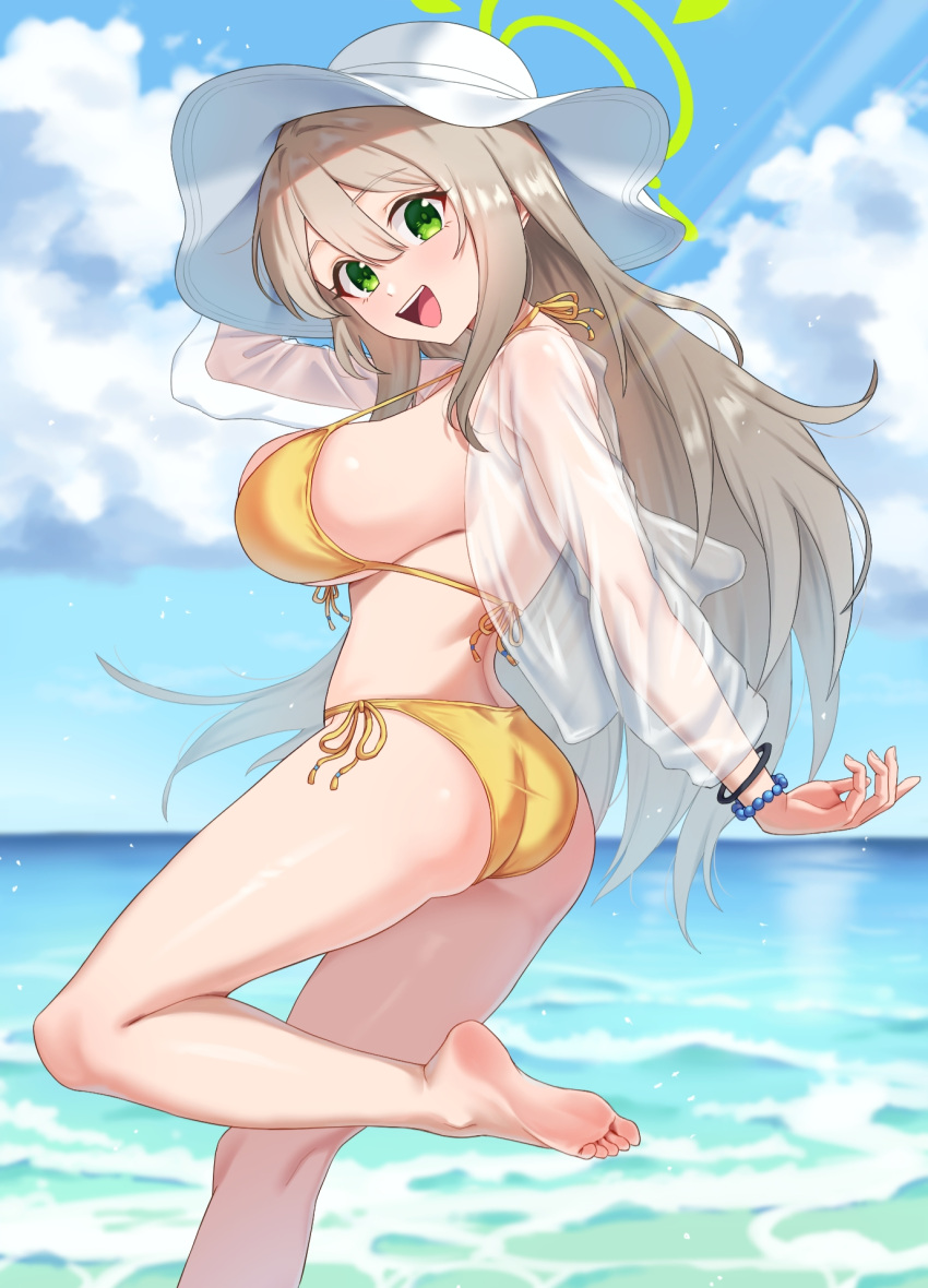 :d ass bare_arms bare_legs bare_shoulders barefoot beach bikini blue_archive blush breasts commentary day feet female front-tie_top green_eyes halo halterneck hat highres jacket kadokadokado large_breasts light_brown_hair long_hair looking_at_viewer nonomi_(blue_archive) nonomi_(swimsuit)_(blue_archive) ocean official_alternate_costume open_clothes open_jacket open_mouth outdoors see-through see-through_jacket side-tie_bikini_bottom sideboob sky smile solo string_bikini sun_hat swimsuit thighs toes very_long_hair water white_hat yellow_bikini