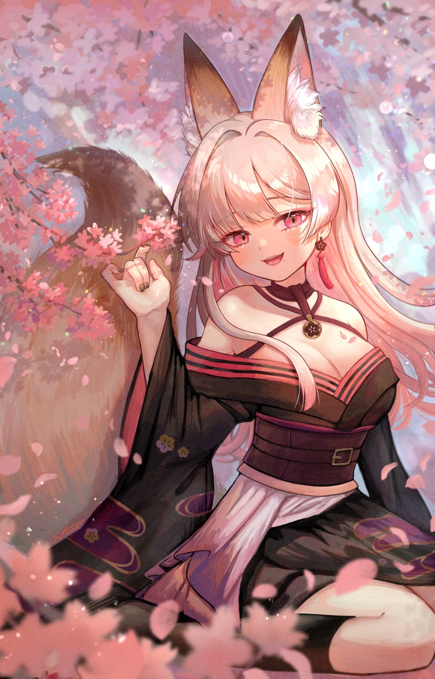 :d absurdres animal_ear_fluff animal_ears black_kimono black_nails black_socks blonde_hair breasts commentary_request earrings extra_ears female flower fox_ears fox_girl fox_tail highres japanese_clothes jewelry kimono kneehighs large_breasts long_hair long_sleeves looking_at_viewer low_neckline makurano_neena mole mole_under_mouth nail_polish off_shoulder official_art open_mouth petals pink_eyes production_kawaii single_earring sitting smile socks solo tail tassel tassel_earrings virtual_youtuber wide_sleeves yukinuno